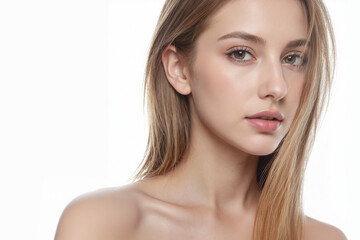 Obraz premium Closed-up face of beauty skin woman with silk hair and bare shoulder on white background, Free space for text, Cosmetic ads. 