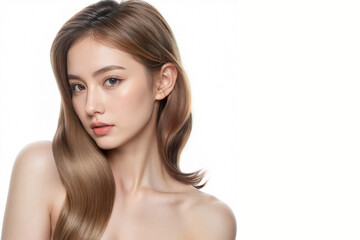 Fototapeta premium Closed-up face of beauty skin woman with silk hair and bare shoulder on white background, Free space for text, Cosmetic ads. 