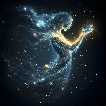 A celestial being made of stardust, their form glowing against the dark universe