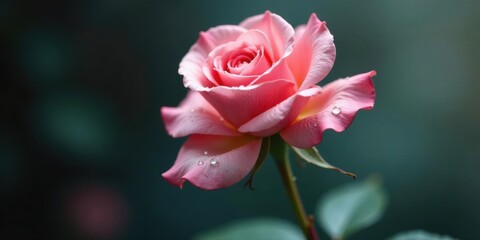 Obraz premium A Delicate Pink Rose Blossom with Dew Drops, Showing its Graceful Petals and Vibrant Color in Soft Natural Light