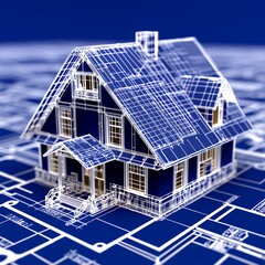 Wireframe House Model on Blueprint Architectural Design Visualization