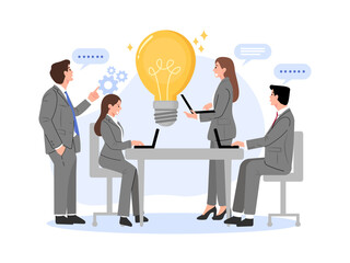 A vector illustration of a brainstorming meeting with professionals discussing ideas, featuring a central light bulb symbolizing innovation.