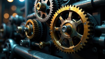 Intricate Mechanical Gears in Close-Up View, Showing Complex Interlocking Components and Precise Engineering