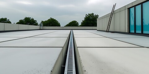 Fototapeta premium Modern Industrial Roof with Metal Drainage System, Architectural Detail of Contemporary Building, Waterproofing and Drainage Solution for Flat Concrete Roof Construction