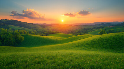 Fototapeta premium a sun rise over rolling green hills leaving copy space ai 