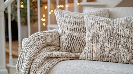 Cozy knit pillows and blanket on sofa near stairs with warm lighting
