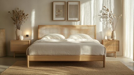 Cozy bedroom with natural light and woven details