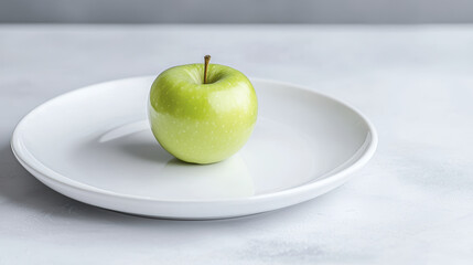 Fresh green apple on white plate, showcasing its vibrant color and smooth texture. Perfect for healthy eating or culinary presentations