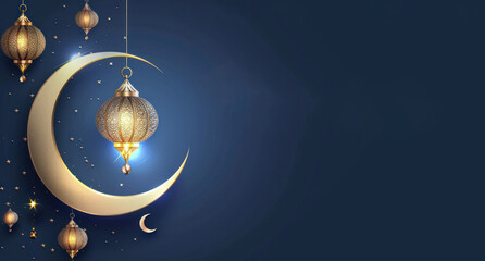 ramadan and eid al fitr celebration background with elegant crescent moon and lantern. copy space, banner background. 