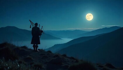 A lone figure playing bagpipes beneath the moonlit mountain range