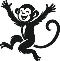 Cheerful monkey jumping with arms spread vector silhouette