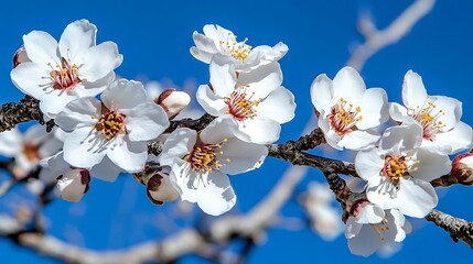 Delicate white almond blossoms against a vibrant blue sky.