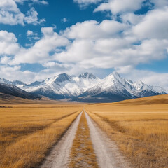 Obraz premium A wide shot of the vast Mongolian grasslands, with snow-capped mountains in the distance under a blue sky. 