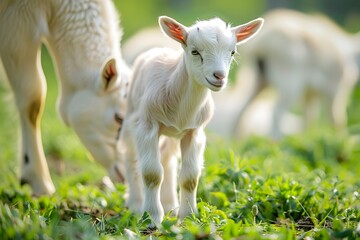 Obraz premium Adorable White Baby Goat Kid Standing in Green Pasture with Mother