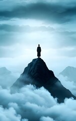 A Zen master standing atop a misty mountain peak, embodying tranquility and wisdom