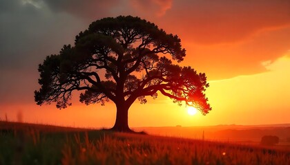 A solitary tree silhouetted against a beautiful sunset sky