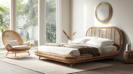 Fototapeta premium Bohemian bedroom interior with rattan furniture