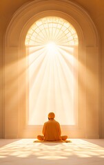 A Sikh guru seated in a grand Gurudwara, radiating peace and wisdom as light streams through the temple windows