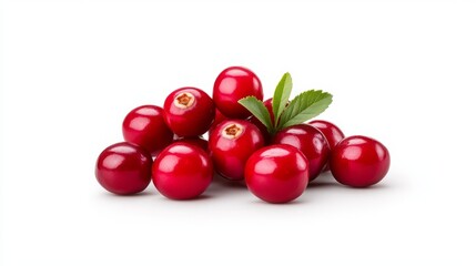 Obraz premium Fresh cranberries with green leaves on a white background