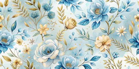 Elegant Pastel Floral Pattern with Watercolor Roses and Gold Accents, Ideal for Textile Prints and Home Decor