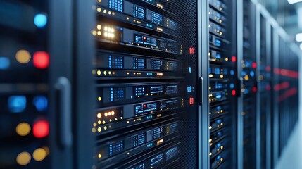 Data center Rows of server racks with blinking lights in a blurred, bright space