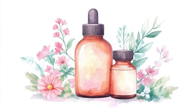 Two amber bottles surrounded by colorful flowers, creating a serene and natural vibe, ideal for essential oils or herbal remedies.