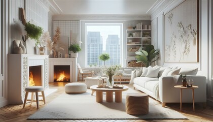 Fototapeta premium A stylish living room adorned with white furniture and a fireplace, offering a comfortable and welcoming environment