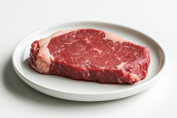 Fototapeta premium Raw beef steak on a white plate, rich marbling visible. Perfect for menus, cooking blogs, or articles about meat.