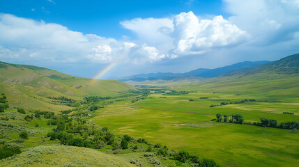 a rainbow over a green valley natural view ai