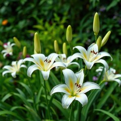 Fototapeta premium Delicate lily flowers in a lush garden on a green background, garden, green, lilies