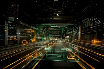 Obraz premium Futuristic Cityscape with Digital Interface and Motion Blur Effects