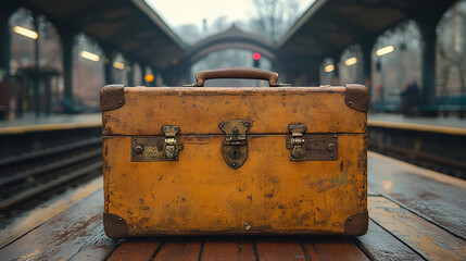a vintage suit case at a train station leaving a copy space for text ai