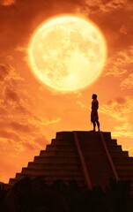 A Mayan priest standing atop a pyramid, offering prayers to the rising sun