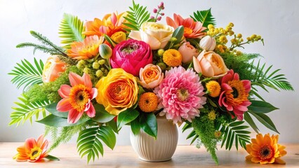 Obraz premium Vibrant floral arrangement in a ribbed vase, featuring a captivating mix of peach, pink, and yellow blossoms, complemented by lush green foliage, creating a stunning centerpiece.