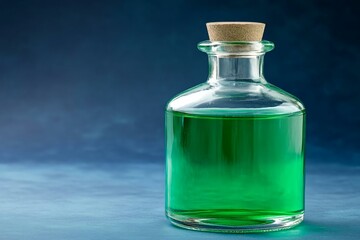 Green Liquid in Glass Bottle with Cork Stopper on Blue Background