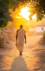 A Jain monk walking barefoot through a dusty village, exuding humility and serenity