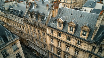 Fototapeta premium Dense, old European buildings, lined up closely, seen from above, daylight