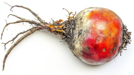 Dirty beet with roots, vibrant red and golden hue on white background