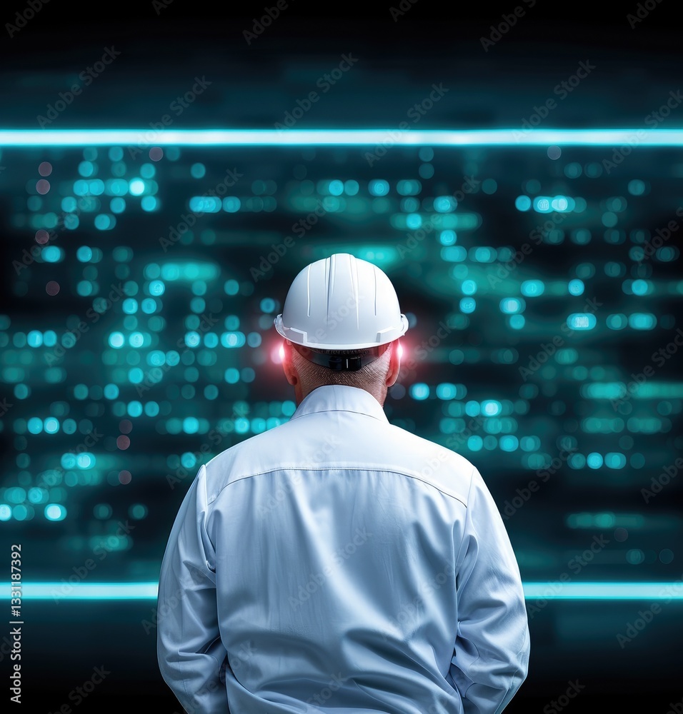 Poster engineer in hardhat observing digital data stream on large screen analyzing complex information tech