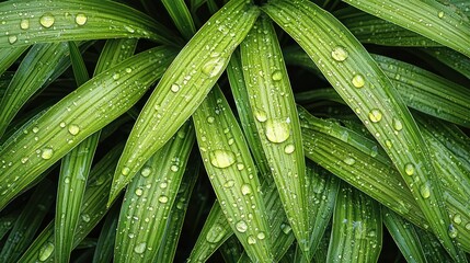 Fototapeta premium Dewy, vibrant green leaves arranged closely, creating a lush, natural pattern