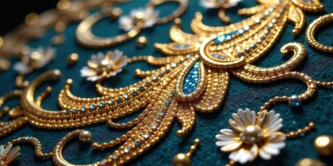 Obraz premium Intricate Golden Beadwork on Teal Fabric A Close-Up View of Exquisite Handcraftsmanship Featuring Delicate Floral and Curvilinear Designs with Turquoise Accents