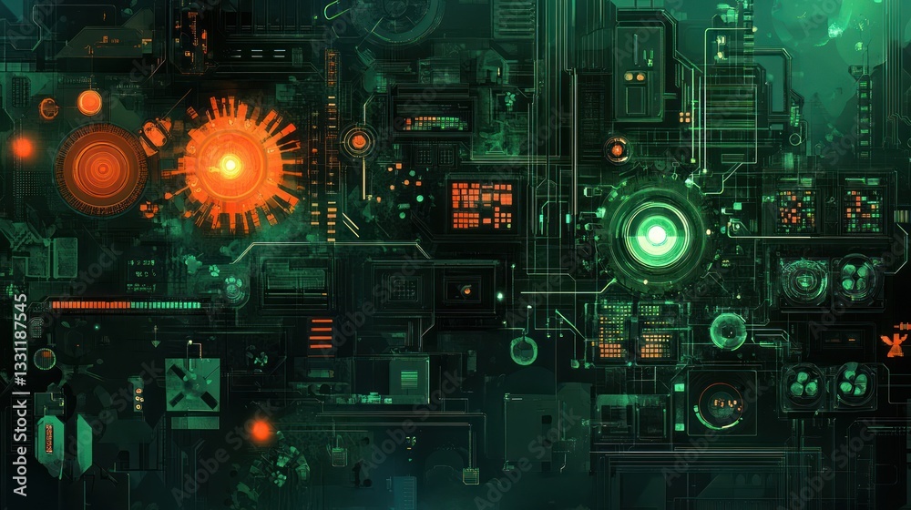 Poster Futuristic digital interface with glowing circuits, nodes, and screens.