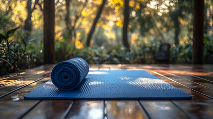 a yoga mat on a deck overlooking a forest leaving copy space for text ai