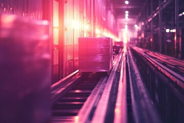 Industrial Warehouse Conveyor with Pallet Under Neon Lighting