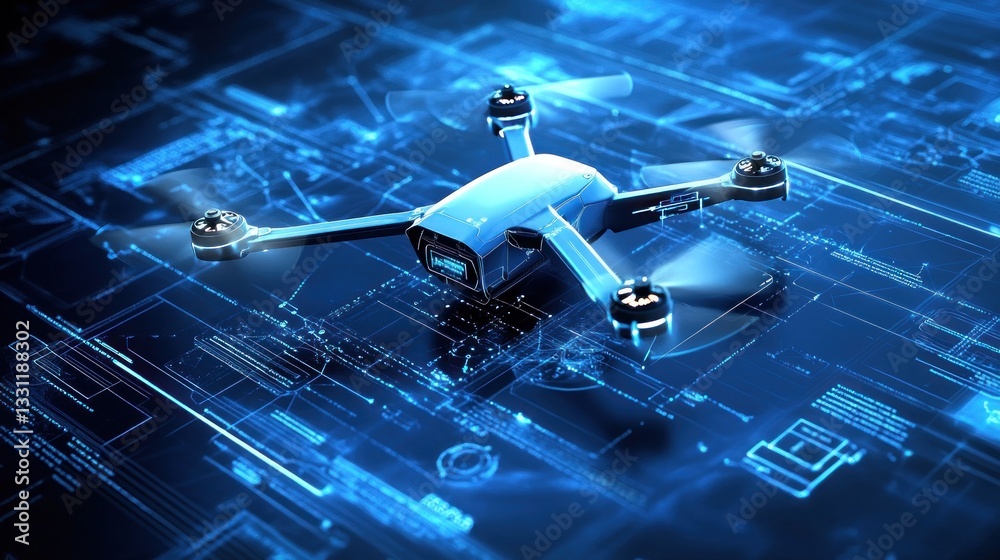Poster futuristic drone hovering over a digital blueprint.