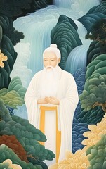 A wise Taoist master standing near a waterfall, embodying the harmony of nature and spirit