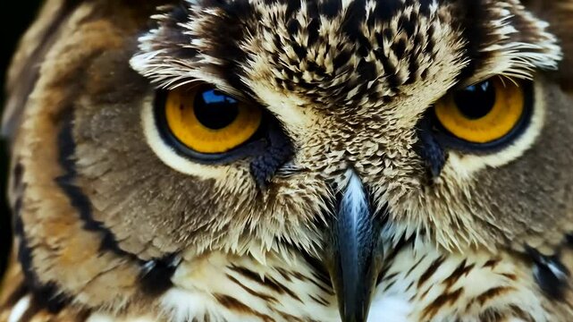 A captivating close-up of a European scops owl (Otus scops) as it slowly blinks, showcasing intricate feather textures, piercing eyes, and fine details of its facial features in stunning clarity.