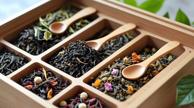 Variety of premium loose leaf teas displayed in a wooden tea storage box with bamboo spoons. Herbal, green, and black tea selection for relaxation, wellness, and natural infusion.

