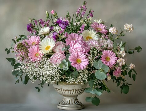 Beautiful arrangement of pink and white flowers in elegant vase with soft background showcasing nature's colors in a harmonious floral display