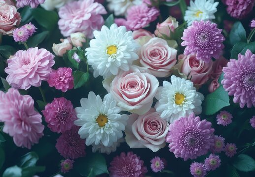 Beautiful arrangement of pink and white flowers including roses, daisies, and chrysanthemums creating a vibrant and fresh floral display for any occasion
